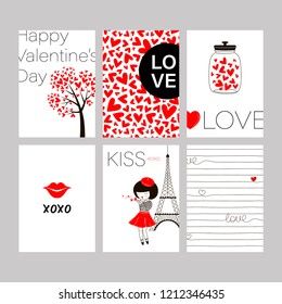 Collection of red, black, white colored Valentine's day card templates with cute cartoon girl, love graphics &,quotes. Card, label, banner, invitation design set. Vector doodle graphics