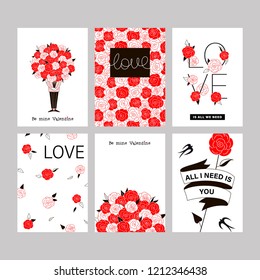 Collection of red, black, white colored Valentine's day card templates with cute cartoon characters, love graphics & quotes.Typography poster, card, label, invitation design set. Vector doodle graphic