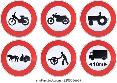 Collection of red, black and white round prohibition signs for wheeled vehicles such as mopeds, motorcycles, agricultural tractors, horse carts, handcarts and trucks over 10 meters (Metal reflection)