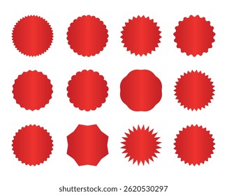 Collection of red blank badge shapes in various styles. Perfect for stickers, price tags, sale labels, logos, or promotional materials. Vector elements for graphic and print design use.