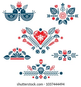 Collection of red and blue compositions of ethnic elements. The Nordic spring set for design.