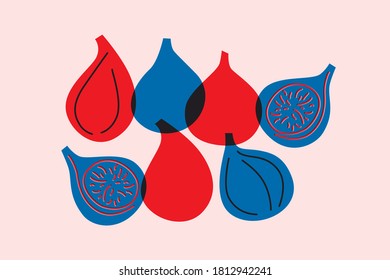 Collection of red and blue figs, flat vector graphics, isolated vector illustration, fresh sweet summer fruits. Bauhaus. Drawn flat style illustration. Still life fruit side view. Scandinavian style.