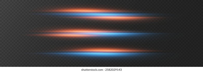 Collection of red and blue horizontal effects, neon laser lines. On a transparent background.