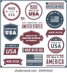 Collection of red and blue made in the USA labels. Vector format.