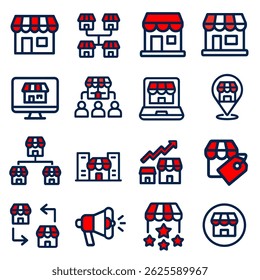 Collection of Red and Blue Retail Store Icons Online and Offline Business Symbols