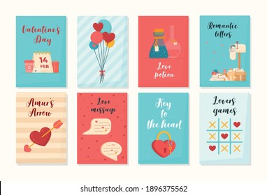 Collection of red, blue, white Valentine's card. sale and other flyer templates with lettering.