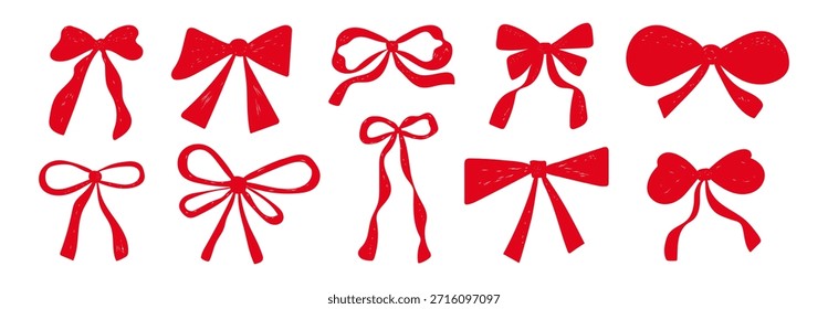 Una colección de lazos rojos para decorar regalos. Un conjunto de Elementos estilo doodle para decoraciones navideñas. Conceptos para Navidades, San Valentín y cumpleaños. Vector.