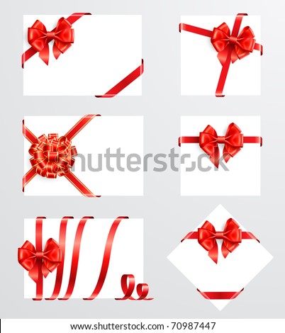 Collection of red bows with greeting cards. Vector illustration