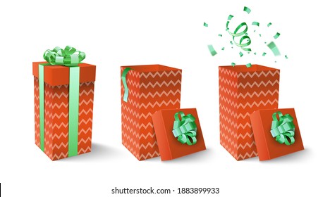 Collection of red boxes with green ribbon and confetti isolated on white background. Gift boxes with a bow. Merry Christmas and Happy New Year 2021. Vector illustration