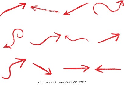 Uma coleção de setas de traçado de pincel vermelho é exibida contra um plano de fundo branco limpo. Setas de traçado de pincel vermelho apontando em várias direções.