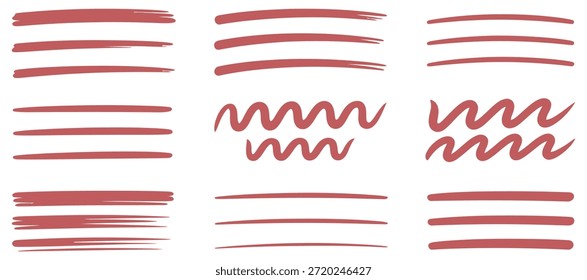 Coleção de traçados de pincel vermelho e linhas com várias formas e texturas no branco