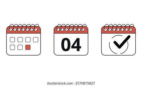 Collection of red calendar icons in different formats for websites and graphic resources, calendar with specific day marked, day 04.