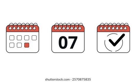 Collection of red calendar icons in different formats for websites and graphic resources, calendar with specific day marked, day 07.