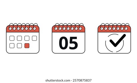 Collection of red calendar icons in different formats for websites and graphic resources, calendar with specific day marked, day 05.
