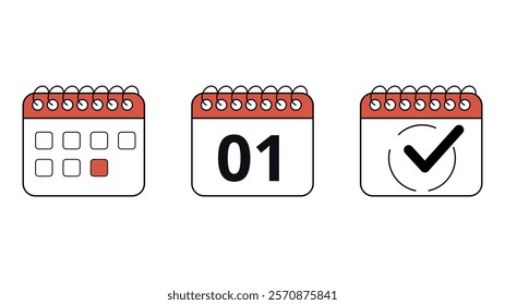 Collection of red calendar icons in different formats for websites and graphic resources, calendar with specific day marked, day 01.