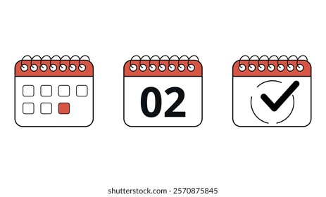 Collection of red calendar icons in different formats for websites and graphic resources, calendar with specific day marked, day 02.