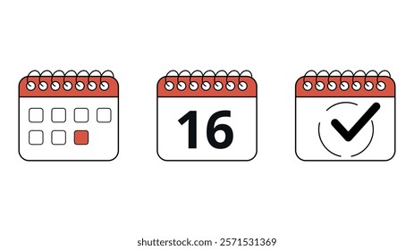 Collection of red calendar icons in different formats for websites and graphic resources, calendar with specific day marked, day 16.