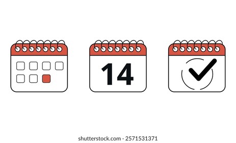 Collection of red calendar icons in different formats for websites and graphic resources, calendar with specific day marked, day 14.