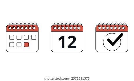 Collection of red calendar icons in different formats for websites and graphic resources, calendar with specific day marked, day 12.