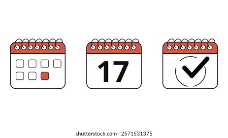 Collection of red calendar icons in different formats for websites and graphic resources, calendar with specific day marked, day 17.