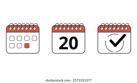 Collection of red calendar icons in different formats for websites and graphic resources, calendar with specific day marked, day 20.