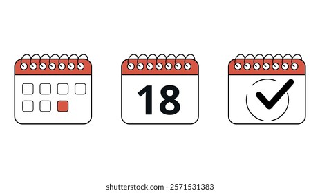 Collection of red calendar icons in different formats for websites and graphic resources, calendar with specific day marked, day 18.