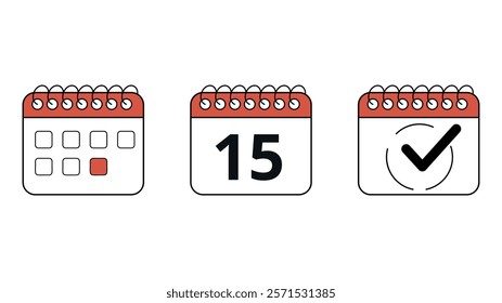 Collection of red calendar icons in different formats for websites and graphic resources, calendar with specific day marked, day 15.