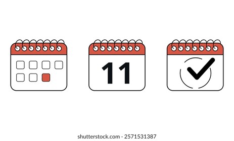 Collection of red calendar icons in different formats for websites and graphic resources, calendar with specific day marked, day 11.