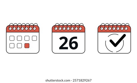 Collection of red calendar icons in different formats for websites and graphic resources, calendar with specific day marked, day 26.