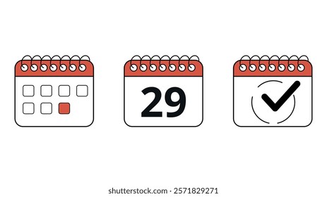 Collection of red calendar icons in different formats for websites and graphic resources, calendar with specific day marked, day 29.