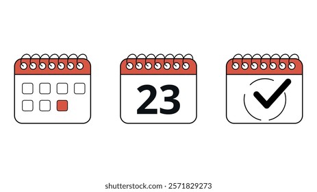 Collection of red calendar icons in different formats for websites and graphic resources, calendar with specific day marked, day 23.