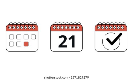 Collection of red calendar icons in different formats for websites and graphic resources, calendar with specific day marked, day 21.