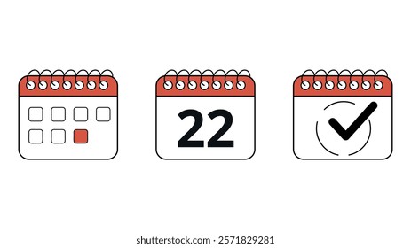Collection of red calendar icons in different formats for websites and graphic resources, calendar with specific day marked, day 22.