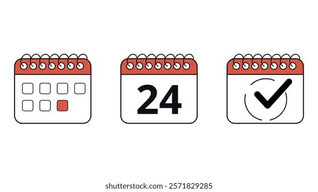 Collection of red calendar icons in different formats for websites and graphic resources, calendar with specific day marked, day 24.