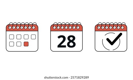 Collection of red calendar icons in different formats for websites and graphic resources, calendar with specific day marked, day 28.