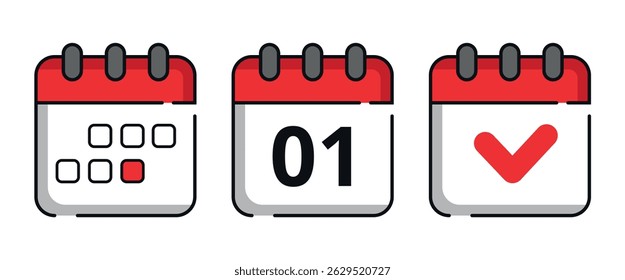Collection of red calendar icons for websites and graphic resources. Flat calendar icon with specific day marked, day 01.