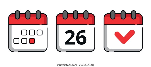 Collection of red calendar icons for websites and graphic resources. Flat calendar icon with specific day marked, day 26.