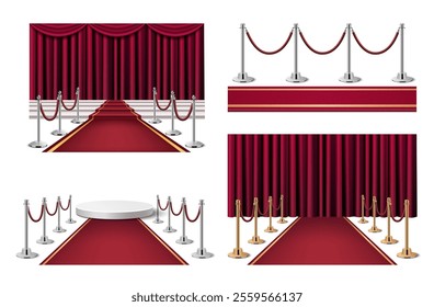 A collection of red carpet event backgrounds featuring red curtains, stanchions with ropes, and a circular platform. Ideal for awards ceremonies or gala events.