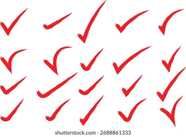 Collection of red check marks A collection of red check marks drawn with a textured brush stroke on a white background
