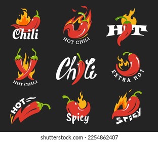 Collection of red chili pepper emblem isolated on dark background. Hot pepper with flame in cartoon style. Spice level marks. Design element for food labeling, spicy dishes, food. Vector illustration