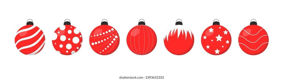 Collection of red Christmas balls on white background. Holiday decoration. Vector illustration. 