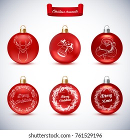 Collection of Red Christmas Balls on white background. Christmas Balls with pictures: deer, Santa Claus, bell, Christmas wreaths and inscription - Merry Christmas.