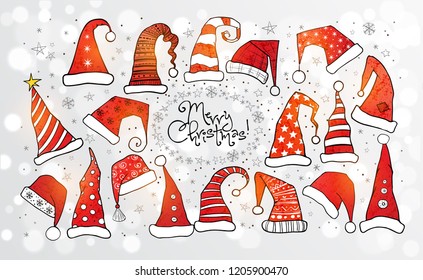 Collection of red christmas hats on white glowing background. Vector illustration