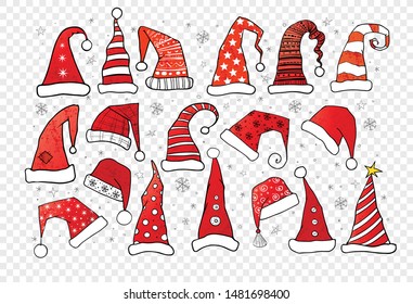 Collection of red christmas hats. Vector illustration