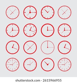 Collection of Red Clock Faces Displaying Various Times in a Minimalist Style