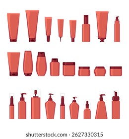 Collection of red color cosmetics packaging illustrations in simple style. Tubes, spray, jars and other cosmetics packaging in simple style.