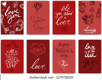 Collection of red colored Valentine's day card, flyer templates with lettering. Typography poster, card, label, banner design set. 