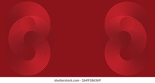Coleção de círculos concêntricos vermelhos. Coleção de ondas sonoras radiais ou anéis sonares. Pacote de símbolos de ícones de radar, alvos, linhas tracejadas, meios-tons.vetor 