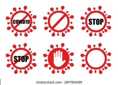 Collection of red corona virus stop hand gesture sign vector isolated on white background