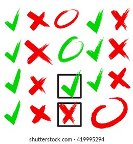 Collection of red cross and green hook, icons set, isolated on white background, vector illustration.